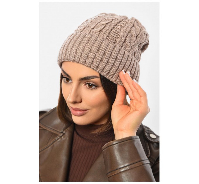 Шапка женская зимняя на флисе однотонная темно-бежевого цвета 192011L