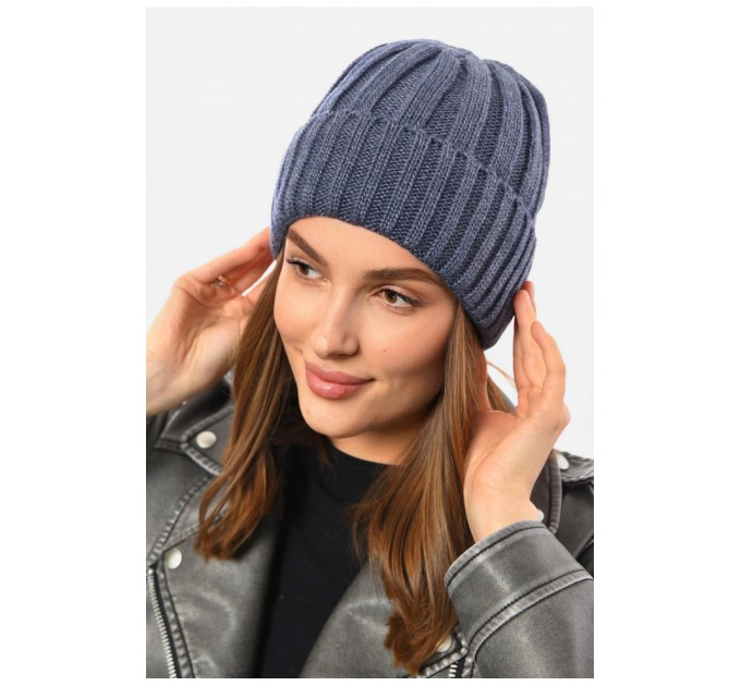 Шапка женская зимняя на флисе однотонная синего цвета 192029L