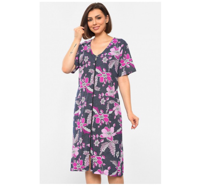 Женский полубатальный халат с принтом темно-синего цвета 193014L