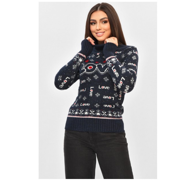 Женский свитер с новогодним принтом темно-синего цвета 193372L