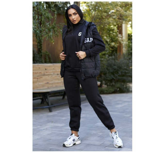 Спортивний костюм жіночий трійка на флісі чорного кольору 193409L