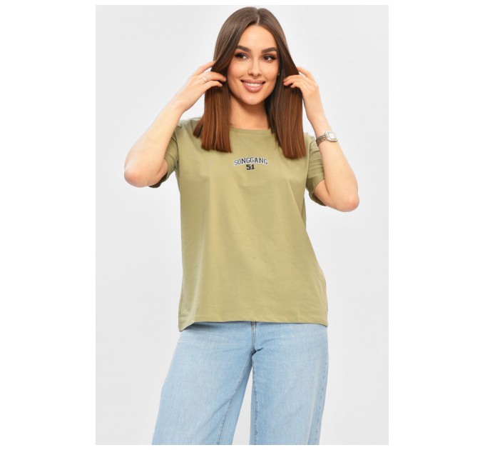Женская футболка однотонная оливкового цвета с надписью 202312L