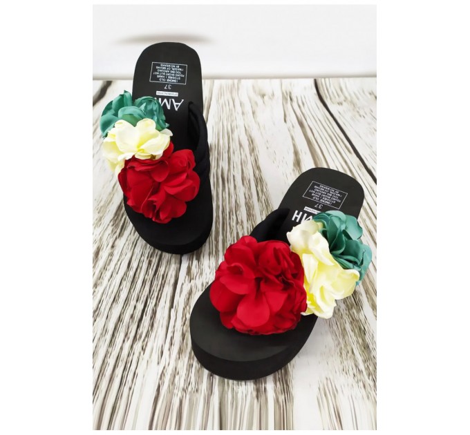 Вьетнамки женские черного цвета с цветочным принтом 203975L