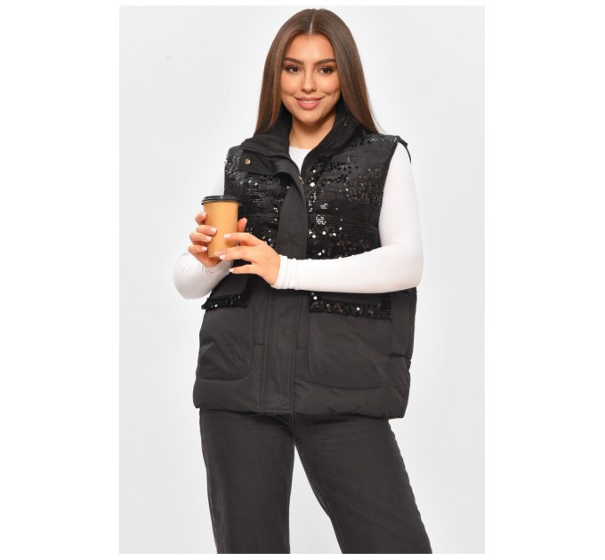 Жилетка женская однотонная черного цвета с пайетками 206130L