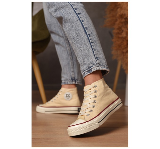 Кеди жіночі високі молочного кольору на шнурівці текстиль 206217L