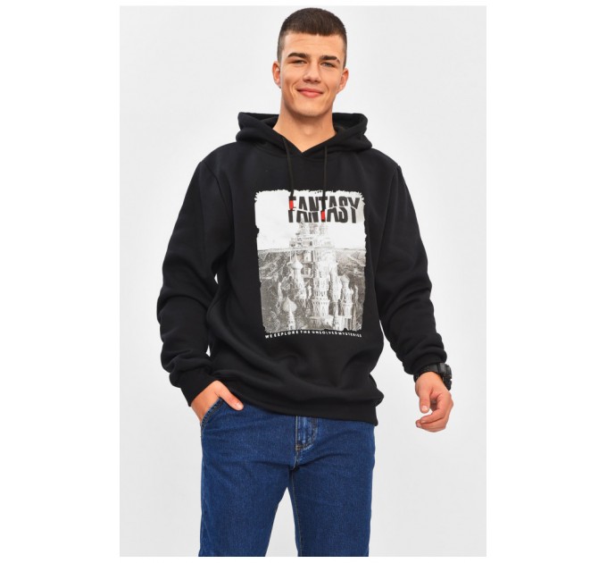 Худі чоловіче на флісі чорного кольору з принтом 206450L