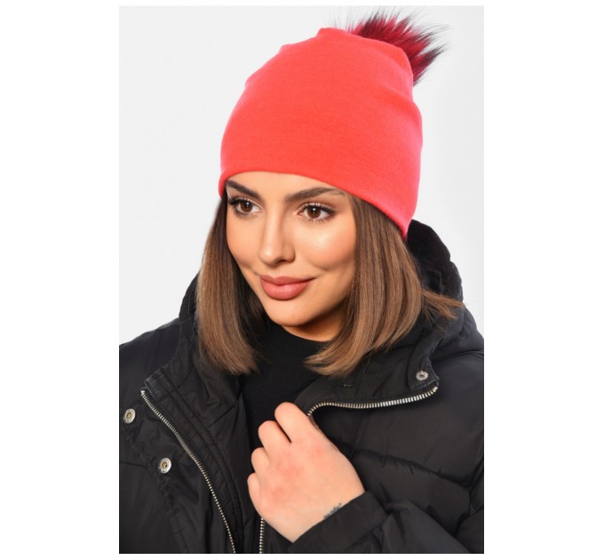 Шапка женская весна - осень кораллового цвета с красным бубоном 150955L