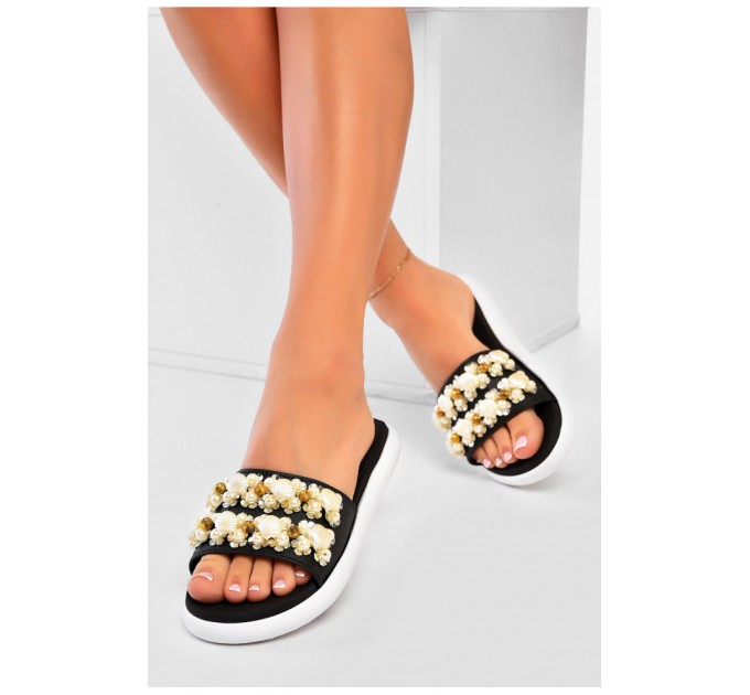 Шлепанцы женские черного цвета с бусинами 159988L