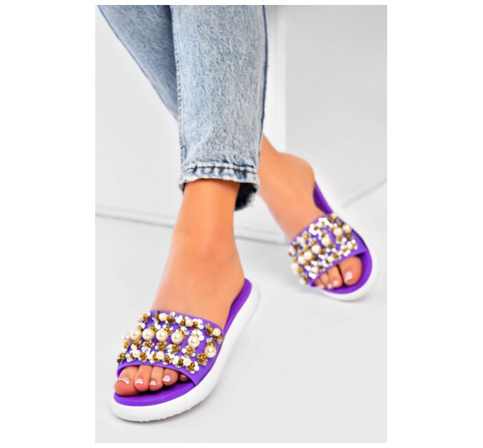 Шльопанці жіночі бузкового кольору з намистинами 160035L