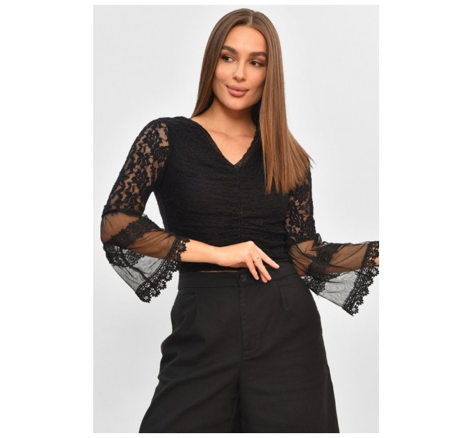 Блуза женская однотонная гипюровая черного цвета 172079L