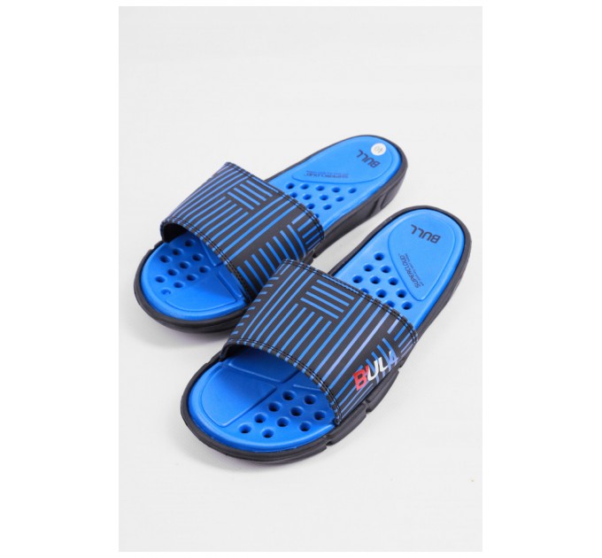 Шльопанці чоловічі чорно-синього кольору з геометричним візерунком 179505L