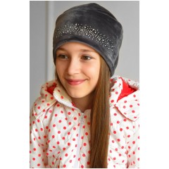 Шапка підліткова для дівчинки велюрова сірого кольору 182938L Шапка підліткова для дівчинки велюрова сірого кольору 182938L