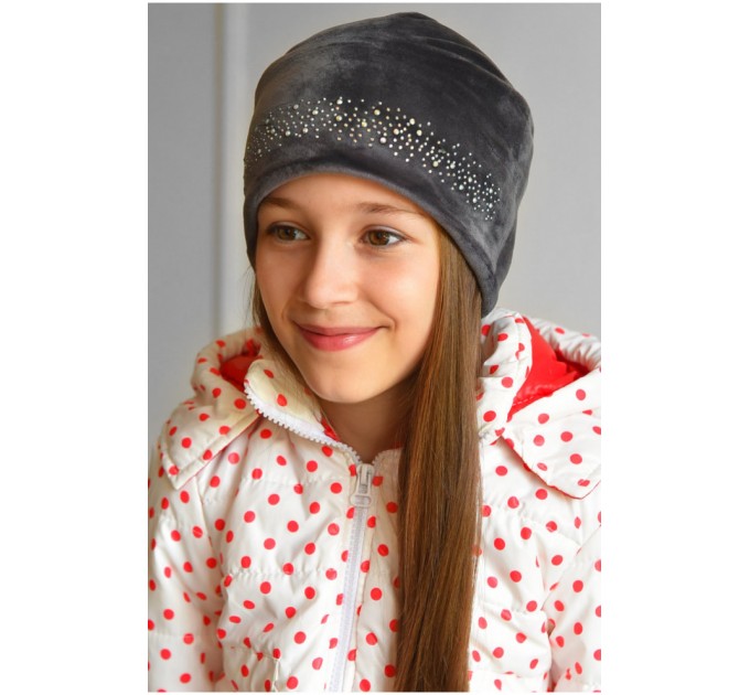 Шапка подростковая для велюровой девочки серого цвета 182938L