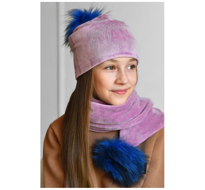 Набір шапка+шарф підлітковий для дівчинки велюровий рожевого кольору 183312L
