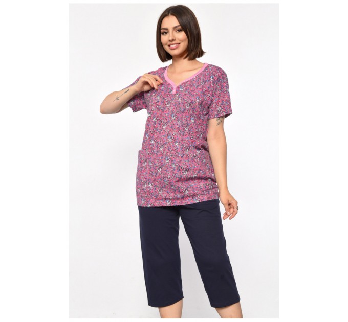 Костюм женский домашний полубатальный розового цвета с принтом 185738L.