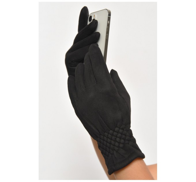 Рукавички жіночі замшеві на штучному хутрі сенсорні чорного кольору 187487L