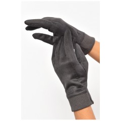 Рукавички жіночі замшеві на штучному хутрі сенсорні темно-сірого кольору 187492L