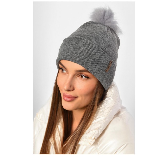 Шапка жіноча демісезонна однотонна з бубоном темно-сірого кольору 188206L