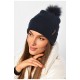 Шапка жіноча демісезонна однотонна з бубоном темно-синього кольору 188211L