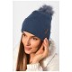 Шапка жіноча демісезонна однотонна з бубоном синього кольору 188212L