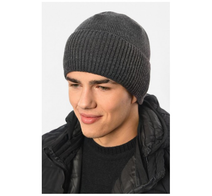 Мужская шапка с подворотом на флисе серого цвета 191804L