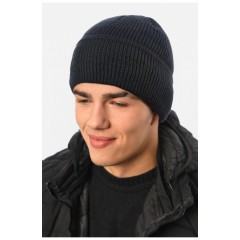 Мужская шапка с подворотом на флисе темно-синего цвета 191806L