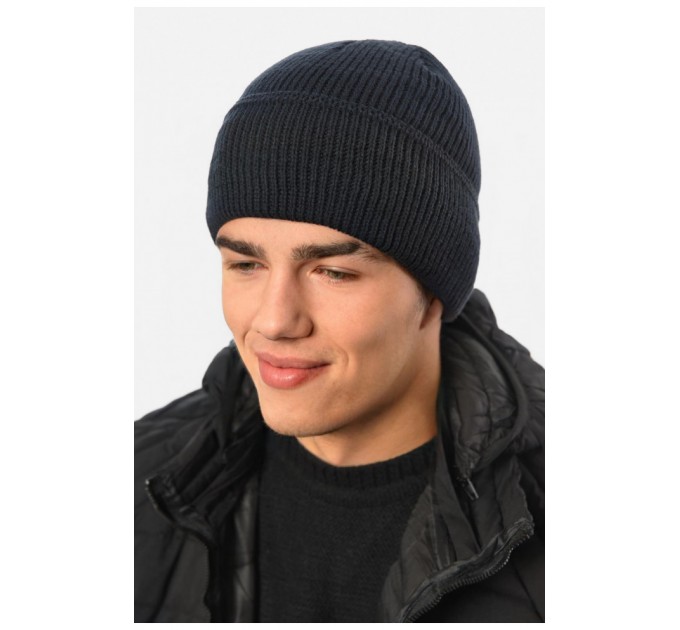 Мужская шапка с подворотом на флисе темно-синего цвета 191806L