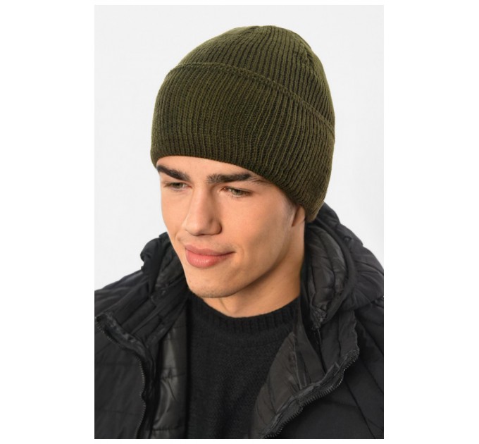 Шапка чоловіча з підворотом на флісе кольору хакі 191807L