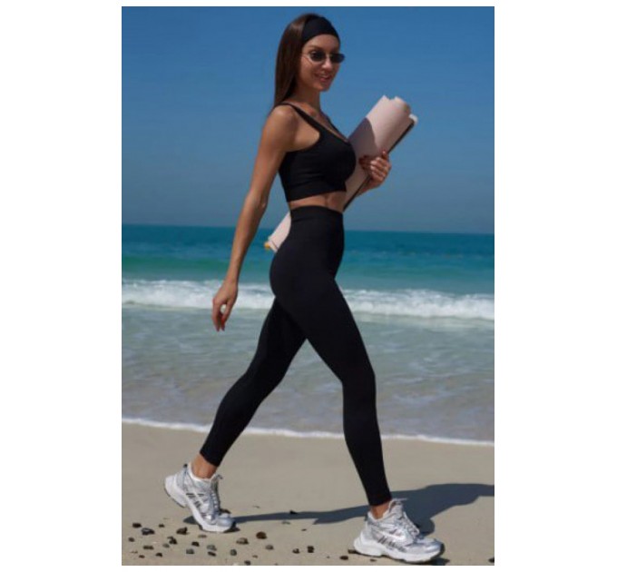 Лосины женские бесшовные с эффектом пуш-ап в рубчике черного цвета 196129L