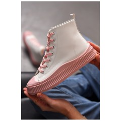 Кеды женские высокие бело-розового цвета на шнуровке 197164L. Кеды женские высокие бело-розового цвета на шнуровке 197164L.