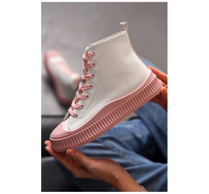 Кеды женские высокие бело-розового цвета на шнуровке 197164L.
