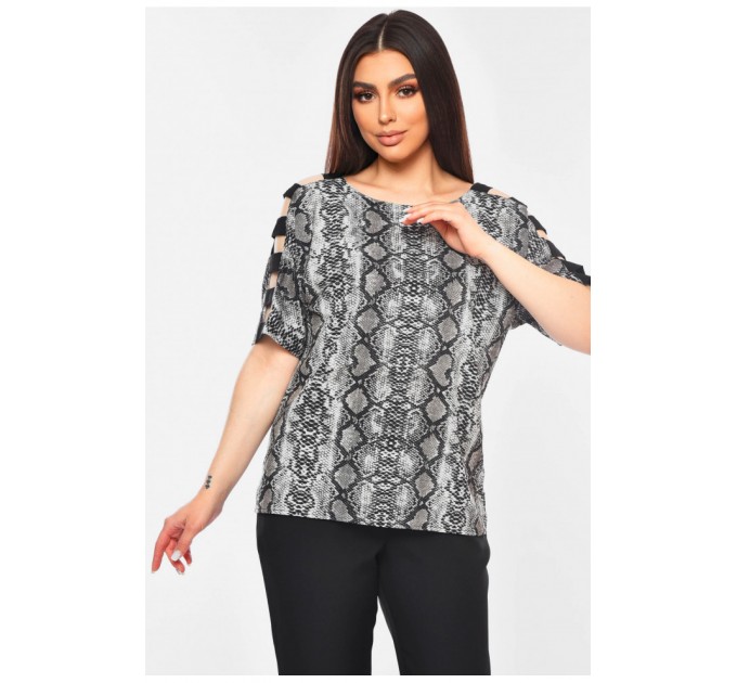 Блуза жіноча батальна сірого кольору з принтом 201413L