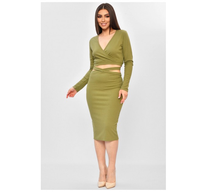 Жіночий костюм однотонний кольору хакі в рубчик 201838L