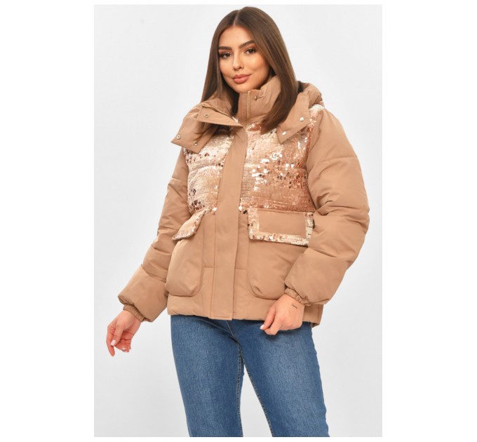 Куртка жіноча демісезонна з паєтками бежевого кольору 206113L