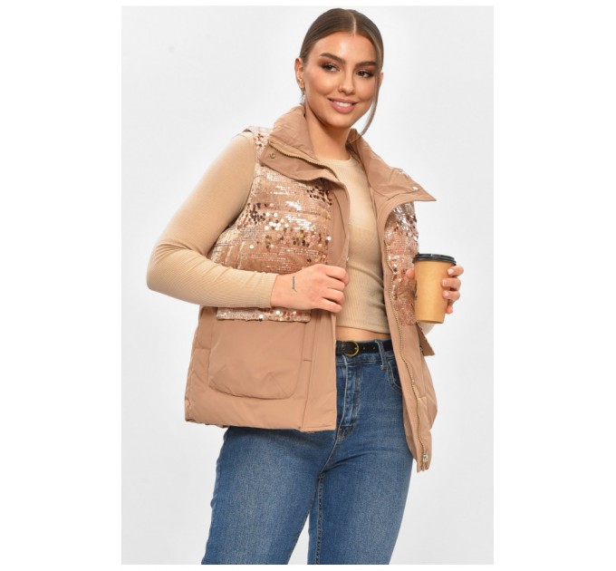 Жилетка жіноча однотонна темно-бежевого кольору з паєтками 206132L