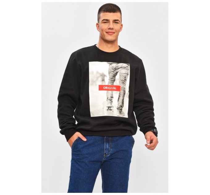 Худі чоловіче на флісі чорного кольору з принтом 206451L