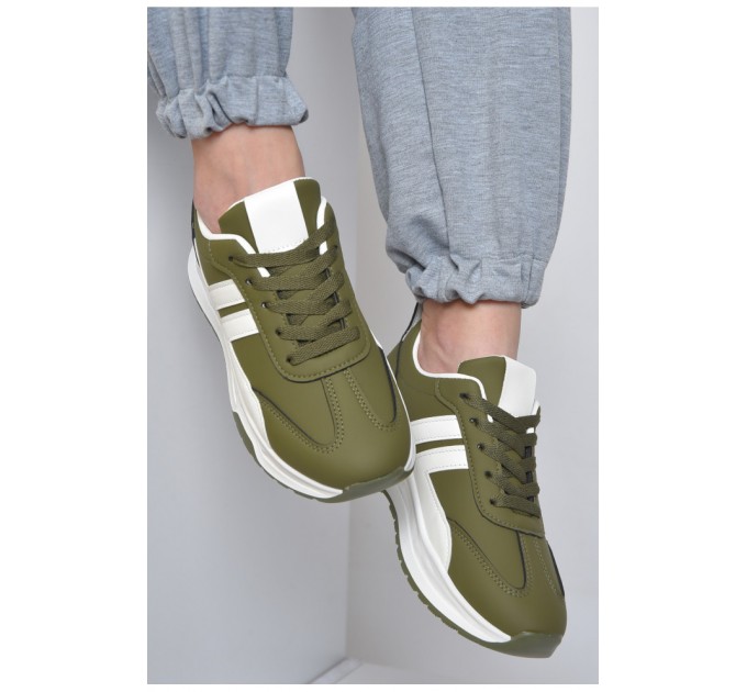 Кросівки жіночі кольору хакі на шнурівці 165946L