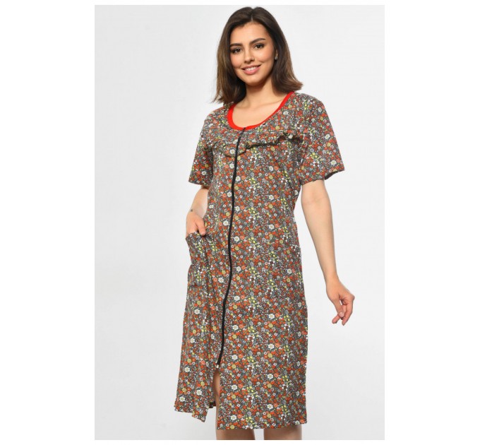 Халат женский полубатальный с принтом цвета хаки 182264L