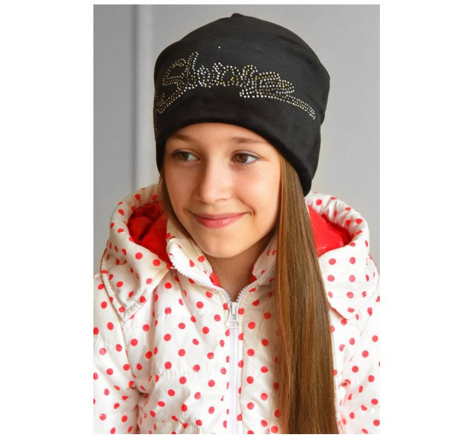Шапка підліткова для дівчинки велюрова чорного кольору 182943L