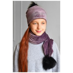 Набір шапка+шарф підлітковий для дівчинки велюровий фіолетового кольору 182967L