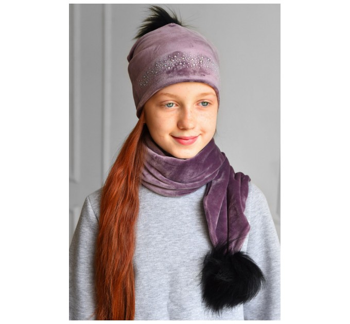 Набір шапка+шарф підлітковий для дівчинки велюровий фіолетового кольору 182967L
