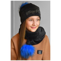 Набор подростковый шапка+шарф для девочки велюровый черного цвета 183033L