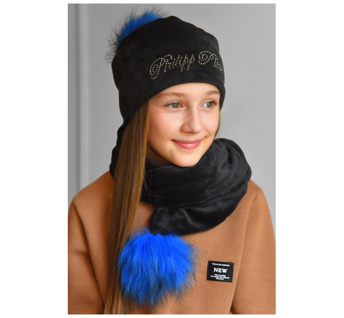 Набор подростковый шапка+шарф для девочки велюровый черного цвета 183033L