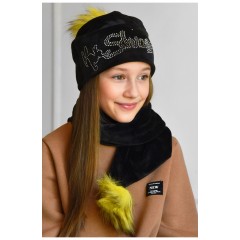 Набір шапка+шарф підлітковий для дівчинки велюровий чорного кольору 183308L
