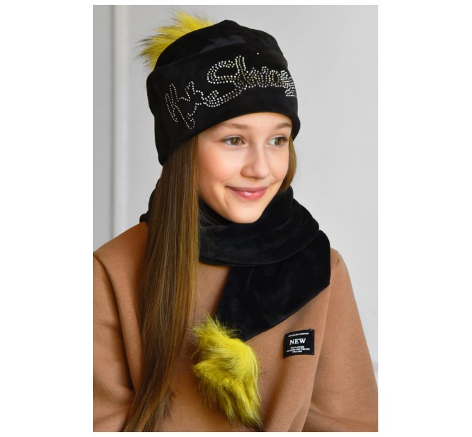 Набір шапка+шарф підлітковий для дівчинки велюровий чорного кольору 183308L
