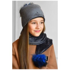 Набір шапка+шарф підлітковий для дівчинки велюровий темно-сірого кольору 183314L