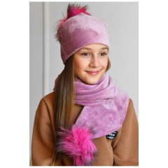 Набор шапка+шарф подростковый для велюровой девочки розового цвета 183316L