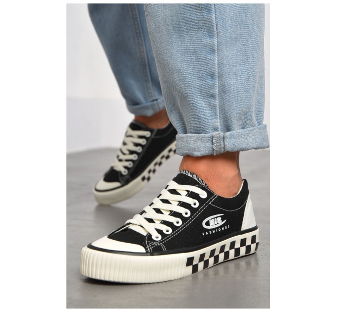 Кеди жіночі чорного кольору на шнурівці текстиль 184225L