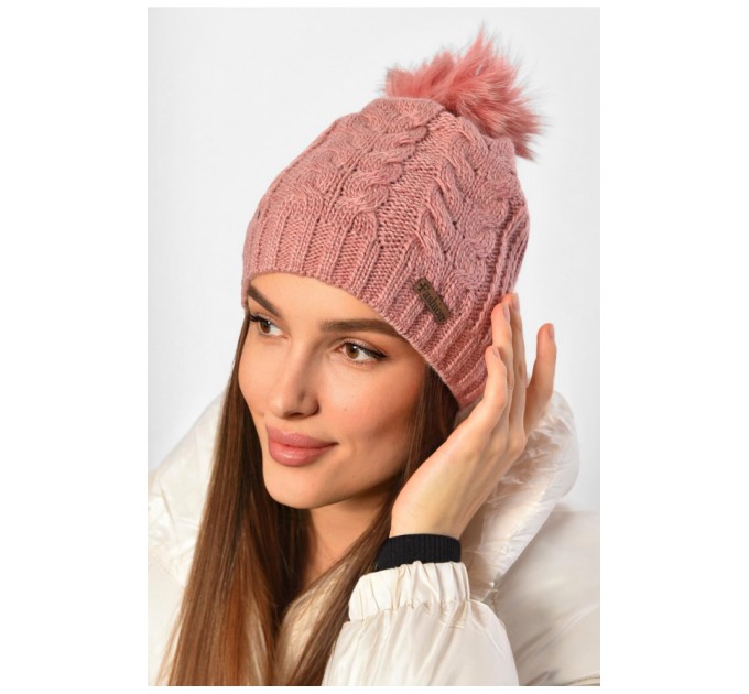 Шапка жіноча зимова на флісі однотонна з бубоном рожевого кольору 188216L