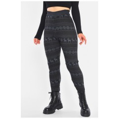 Лосины женские полубатальные на флисе черного цвета с рисунком 190462L.